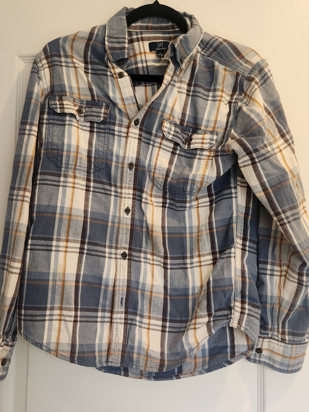 George Blue and White Plaid Button-Down Shirt with Tan Stripes S Euc